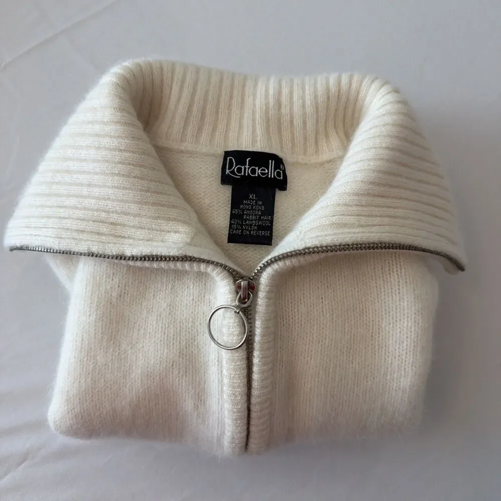 Vtg Angora Lambswool Sweater Womens Sz XL (Fits M) Cream Rafaella 1/2 Zip Funnel - Picture 11 of 13